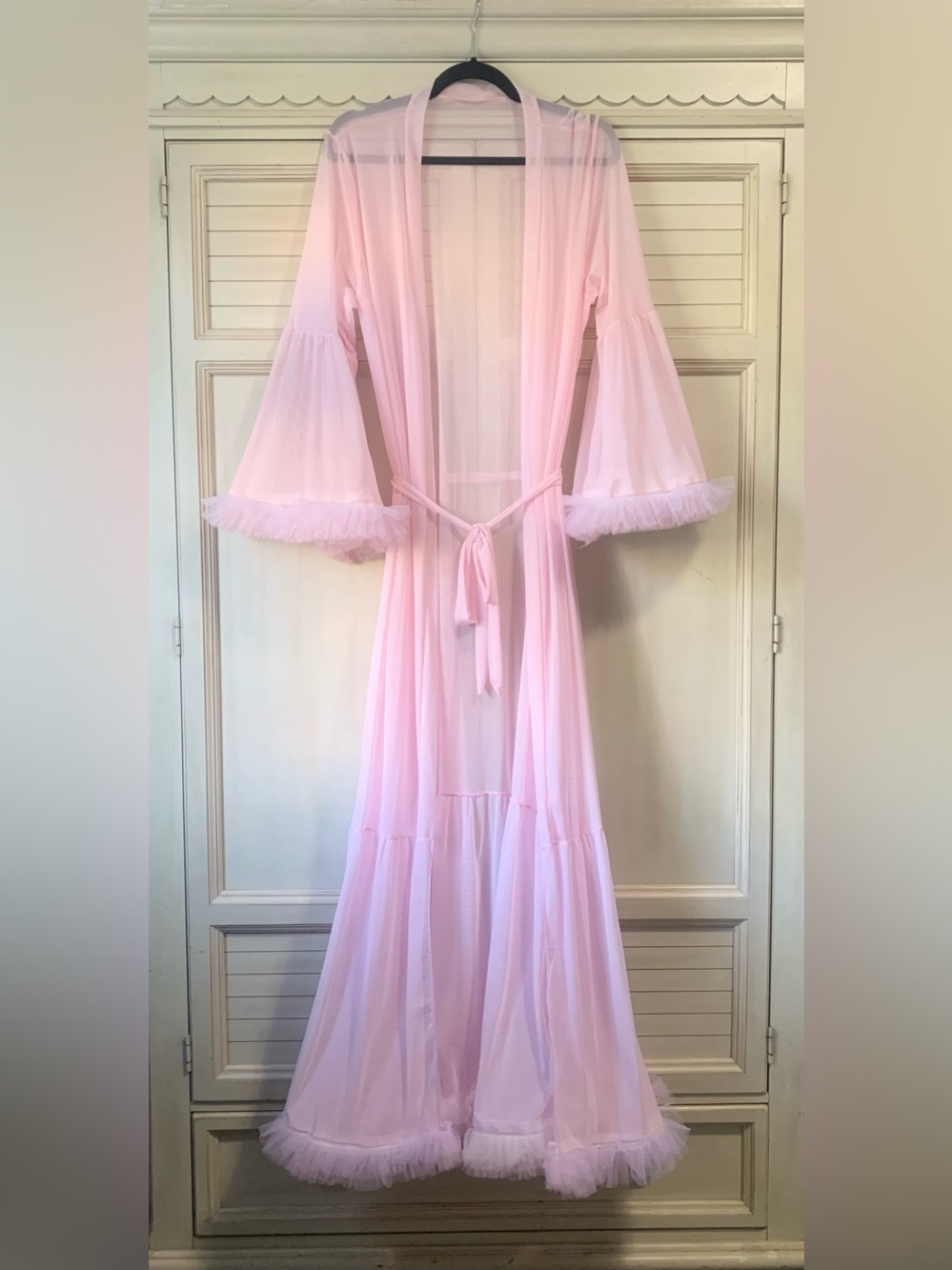 Sheer Pink Peignoir Robe Dressing Gown With Bell Sleeves And Tulle Size Medium